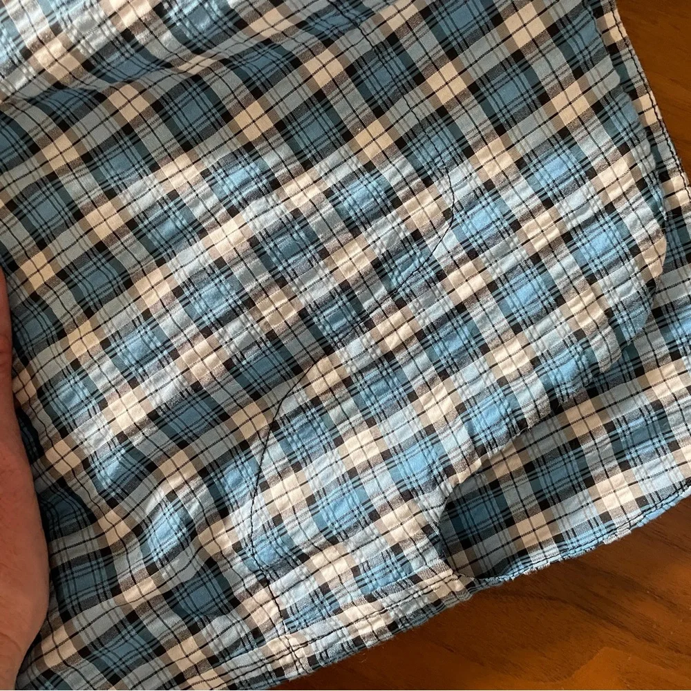 GANNI Seersucker Check V-Neck Ruffle Blouse in Azure Blue - Picture 12 of 14